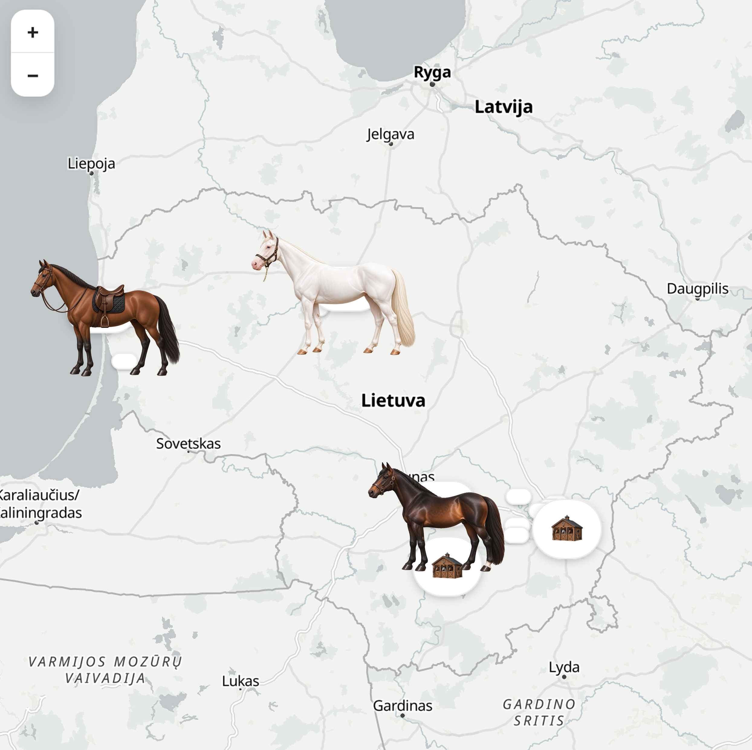 Lietuvos žemėlapio vizija su žirgais ir žirgynų žymekliais
